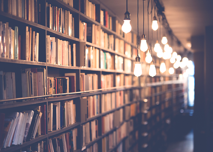 lightbulbs-in-a-library-hallway