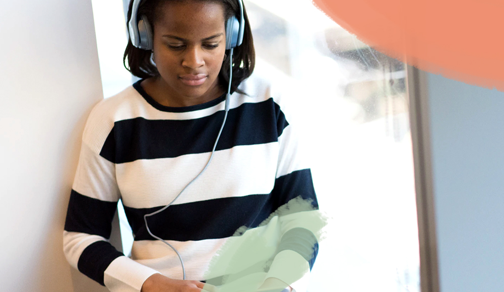 Image of woman listening to podcast