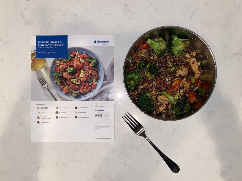 Blue Apron’s Sambal Chicken & Quinoa “Fried Rice;” photo courtesy of TFD's Marketing Director, Rachel Steinman